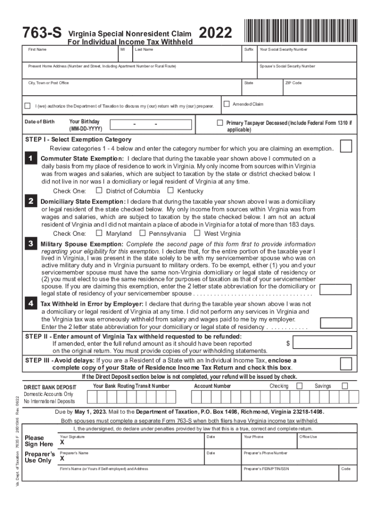 Form 763S, Virginia Special Nonresident Claim for Individual Income Tax Withheld 2022